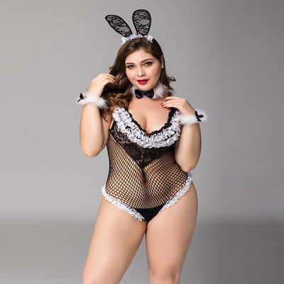 Büyük Pijama Plus Babydoll İç Çamaşırı Siyah Dantel Örgü Tavşan Kız Sevimli Seks