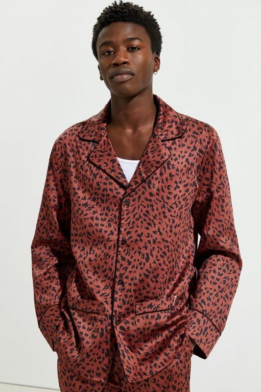 Yaka Kontrast İpek Saten Pijama Erkek Uzun Kollu Polyester Pijama